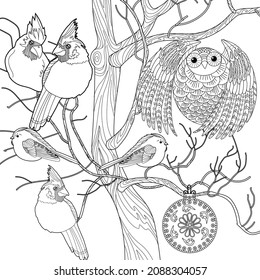 Art therapy coloring page. Coloring book for adults. Coloring pictures with birds on a tree. Anti-stress freehand drawing with doodle and zentangle elements.