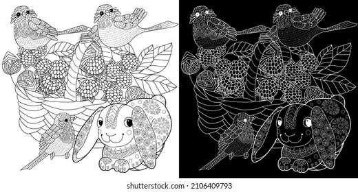 Art therapy coloring page. Coloring Book for children and adults. Basket, bunny and birds. The art of linear engraving. Cute  background for wallpaper, gift paper, pattern fills, textile, greetings ca