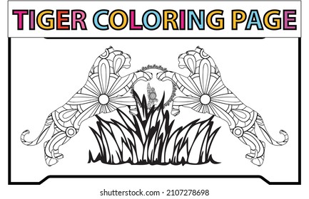 Art therapy coloring page. Coloring Book for adults. Colouring pictures with tiger. Antistress freehand sketch drawing with doodle and zentangle elements.