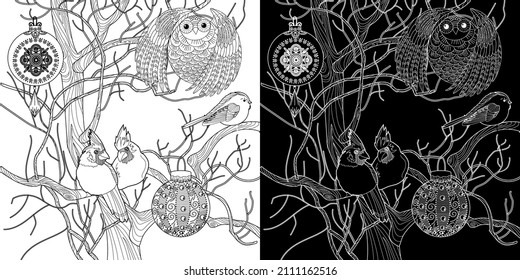 Art therapy coloring page. Coloring book for adults. Coloring pictures with birds on a tree. Anti-stress freehand drawing with doodle and zentangle elements.