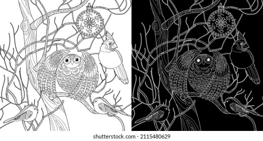 Art therapy coloring page. Coloring book for adults. Coloring pictures with birds on a tree. Anti-stress freehand drawing with doodle and zentangle elements.