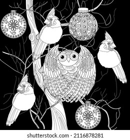 Página de coloreo de la terapia artística. Antiestrés en libros de colores para niños y adultos. Aves dibujadas a mano con un estilo vintage. El arte del grabado lineal.
