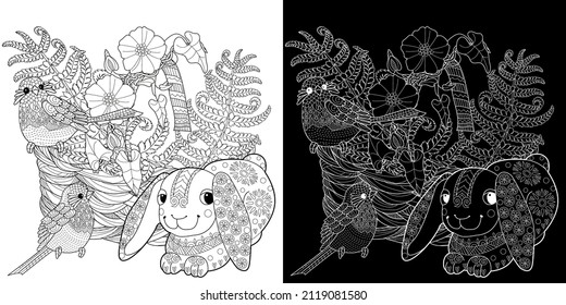 Art therapy coloring page. Coloring Book for children and adults. Basket, bunny and birds. The art of linear engraving. Cute  background for wallpaper, gift paper, pattern fills, textile