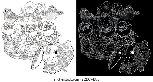 Art therapy coloring page. Coloring Book for children and adults. Basket, bunny and birds. The art of linear engraving. Cute  background for wallpaper, gift paper, pattern fills, textile