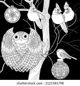 Art therapy coloring page. Coloring book antistress for children and adults. Birds hand drawn in vintage style. The art of linear engraving.
