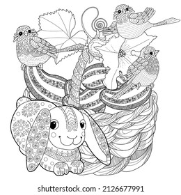 Art therapy coloring page. Coloring Book for children and adults. Basket, bunny and birds. The art of linear engraving. Cute  background for wallpaper, gift paper, pattern fills, textile, greetings ca