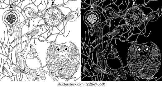 Art therapy coloring page. Coloring book for adults. Coloring pictures with birds on a tree. Anti-stress freehand drawing with doodle and zentangle elements.