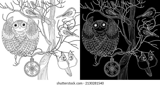 Art therapy coloring page. Coloring book for adults. Coloring pictures with birds on a tree. Anti-stress freehand drawing with doodle and zentangle elements.