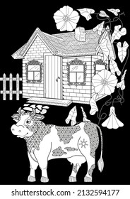 Art therapy coloring page. Coloring Book for children and adults. Colouring pictures with cow. Antistress freehand sketch drawing with doodle and zentangle elements.