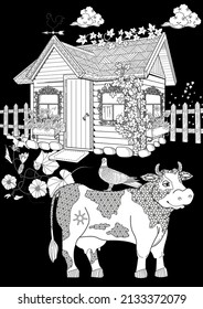 Art therapy coloring page. Coloring Book for children and adults. Colouring pictures with cow. Antistress freehand sketch drawing with doodle and zentangle elements.