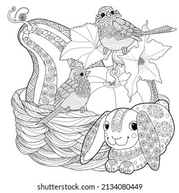 Art therapy coloring page. Coloring Book for children and adults. Basket, bunny and birds. The art of linear engraving. Cute  background for wallpaper, gift paper, pattern fills, textile, greetings ca