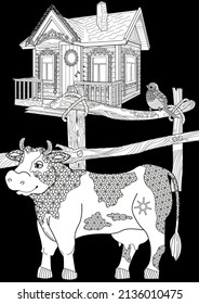 Kunsttherapie-Farbseite. Farbbuch für Kinder und Erwachsene. Farbige Bilder mit Kuh. Antistress-Freehe und Skizzenzeichnung mit Doodle- und Zentangle-Elementen.

