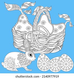 Art therapy coloring page. Coloring Book for children and adults. Basket and bunny. The art of linear engraving. Cute  background for wallpaper, gift paper, pattern fills, textile, greetings cards 