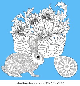 Art therapy coloring page. Coloring Book for children and adults. Basket and bunny. The art of linear engraving. Cute  background for wallpaper, gift paper, pattern fills, textile, greetings cards 