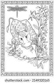 Art therapy coloring page. Coloring Book for children and adults. Colouring pictures with bull. The art of linear engraving. Romantic concept.