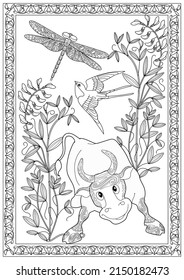 Art therapy coloring page. Coloring Book for children and adults. Colouring pictures with bull. The art of linear engraving. Romantic concept.