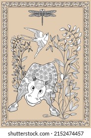 Art therapy coloring page. Coloring Book for children and adults. Colouring pictures with bull. The art of linear engraving. Romantic concept.
