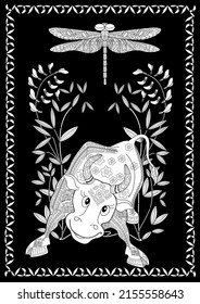 Art therapy coloring page. Coloring Book for children and adults. Colouring pictures with bull. The art of linear engraving. Romantic concept.

