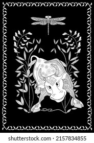 Art therapy coloring page. Coloring Book for children and adults. Colouring pictures with bull. The art of linear engraving. Romantic concept.
