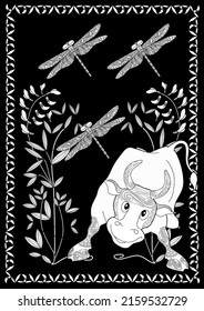 Art therapy coloring page. Coloring Book for children and adults. Colouring pictures with bull. The art of linear engraving. Romantic concept.

