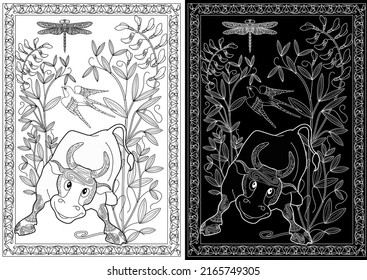 Art therapy coloring page. Coloring Book for children and adults. Colouring pictures with bull. The art of linear engraving. Romantic concept.
