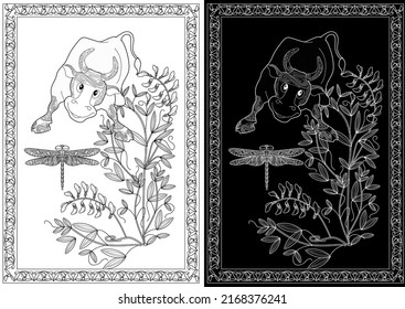 Art therapy coloring page. Coloring Book for children and adults. Colouring pictures with bull. The art of linear engraving. Romantic concept.
