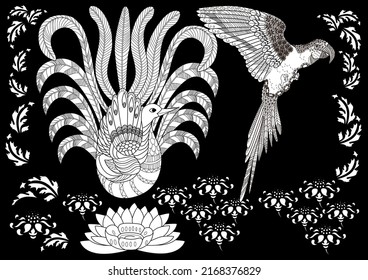 Art therapy coloring page. Coloring book antistress for children and adults. Birds hand drawn in vintage style. The art of linear engraving.
