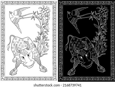 Art therapy coloring page. Coloring Book for children and adults. Colouring pictures with bull. The art of linear engraving. Romantic concept.

