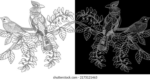 Art therapy coloring page. Coloring book antistress for children and adults. Birds and flowers hand drawn in vintage style. The art of linear engraving. 