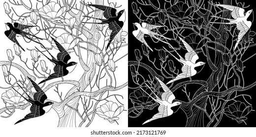 Art therapy coloring page. Coloring book antistress for children and adults. Birds and flowers hand drawn in vintage style. The art of linear engraving. 