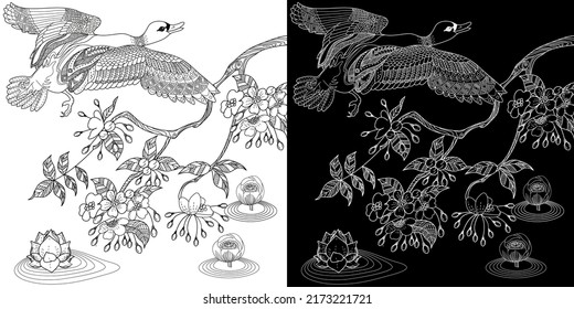 Art therapy coloring page. Coloring book antistress for children and adults. Birds and flowers hand drawn in vintage style. The art of linear engraving. 