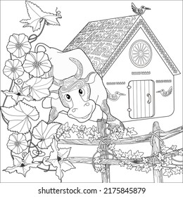 Art therapy coloring page. Coloring Book for children and adults. Colouring pictures with village house and bull. Cute background for wallpaper, gift paper, pattern fills, textile, greetings cards
