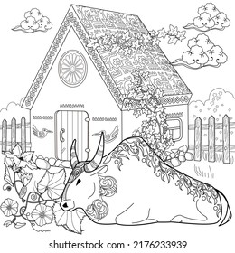Art therapy coloring page. Coloring Book for children and adults. Colouring pictures with village house and bull. Cute background for wallpaper, gift paper, pattern fills, textile, greetings cards
