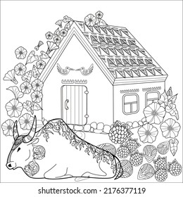 Art therapy coloring page. Coloring Book for children and adults. Colouring pictures with village house and bull. Cute background for wallpaper, gift paper, pattern fills, textile, greetings cards
