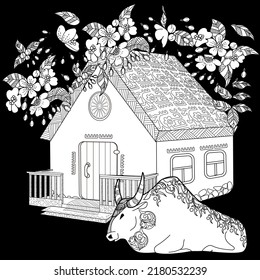 Art therapy coloring page. Coloring Book for children and adults. Colouring pictures with village house and bull. Cute background for wallpaper, gift paper, pattern fills, textile, greetings cards
