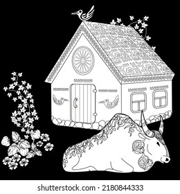 Art therapy coloring page. Coloring Book for children and adults. Colouring pictures with village house and bull. Cute background for wallpaper, gift paper, pattern fills, textile, greetings cards
