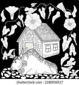 Art therapy coloring page. Coloring Book for children and adults. Colouring pictures with village house and bull. Cute background for wallpaper, gift paper, pattern fills, textile, greetings cards
