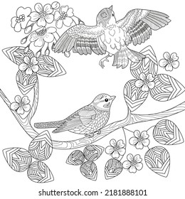Art therapy coloring page. Coloring book antistress for children and adults. Birds and flowers hand drawn in vintage style . The art of linear engraving. 