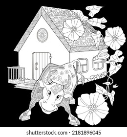 Art therapy coloring page. Coloring Book for children and adults. Colouring pictures with village house and bull. Cute background for wallpaper, gift paper, pattern fills, textile, greetings cards