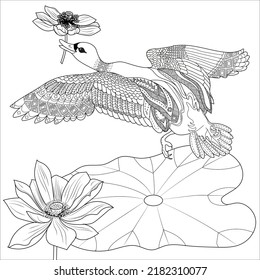 Art therapy coloring page. Coloring Book for adults and children. Colouring pictures with duck. Linear engraved art. Antistress freehand sketch drawing.