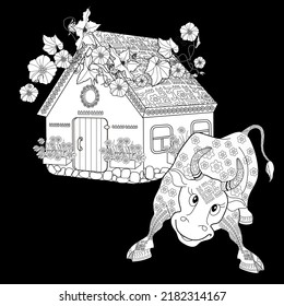 Art therapy coloring page. Coloring Book for children and adults. Colouring pictures with village house and bull. Cute background for wallpaper, gift paper, pattern fills, textile, greetings cards