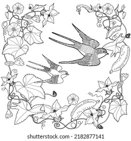 Art therapy coloring page. Coloring book antistress for children and adults. Birds and flowers hand drawn in vintage style . The art of linear engraving. 
