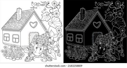 Art therapy coloring page. Coloring Book for children and adults. Colouring pictures with village house and bull. Cute background for wallpaper, gift paper, pattern fills, textile, greetings cards