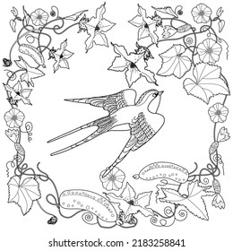 Art therapy coloring page. Coloring book antistress for children and adults. Birds and flowers hand drawn in vintage style . The art of linear engraving. 
