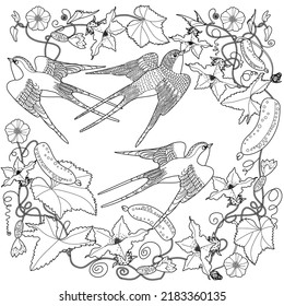 Art therapy coloring page. Coloring book antistress for children and adults. Birds and flowers hand drawn in vintage style . The art of linear engraving. 
