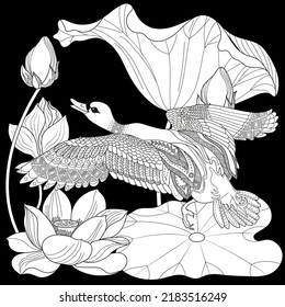 Art therapy coloring page. Coloring Book for adults and children. Colouring pictures with duck. Linear engraved art. Antistress freehand sketch drawing.
