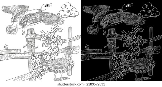 Art therapy coloring page. Coloring Book for adults and children. Colouring pictures with duck. Linear engraved art. Antistress freehand sketch drawing.

