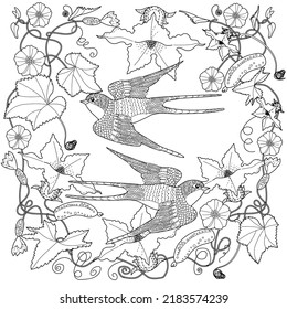 Art therapy coloring page. Coloring book antistress for children and adults. Birds and flowers hand drawn in vintage style . The art of linear engraving. 
