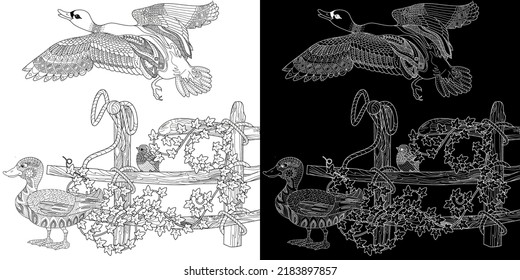 Art therapy coloring page. Coloring Book for adults and children. Colouring pictures with duck. Linear engraved art. Antistress freehand sketch drawing.
