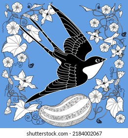 Art therapy coloring page. Coloring book antistress for children and adults. Birds and flowers hand drawn in vintage style . The art of linear engraving. 